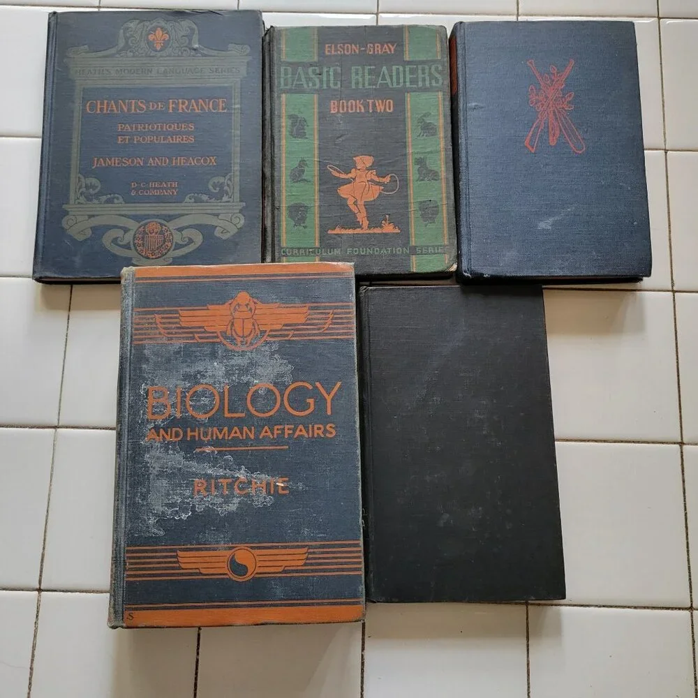5 Blue Red Vintage Book Set Lot Staging Decor Retro Prop Shelf Mantle Centerpiec